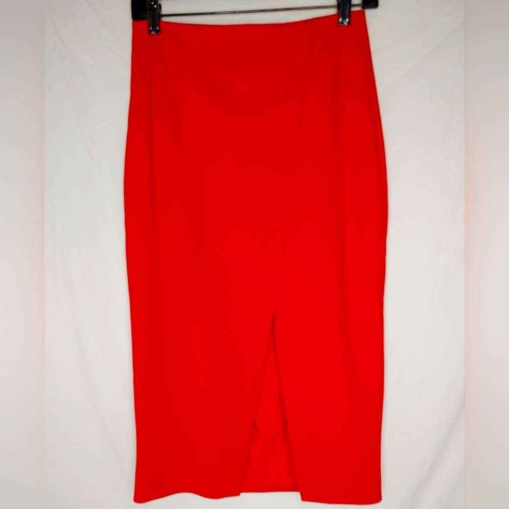 Midi Red‎ Pencil Skirt Sheath High Waisted Front Split Lined Skirt Women Sz XS